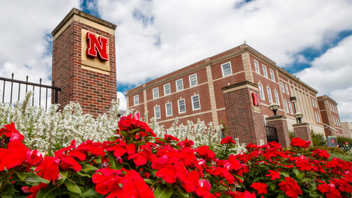 Campus entry with N on pillars by Nebraska Union